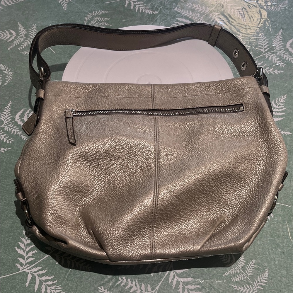 Coach F15064 Metallic Silver Pebbled Leather Duffle Hobo Shoulder Bag